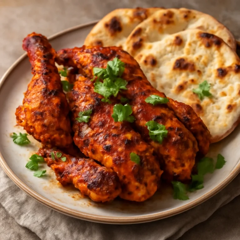 Lahori chargha fűszeres csirke naan kenyérrel tálalva, korianderrel díszítve