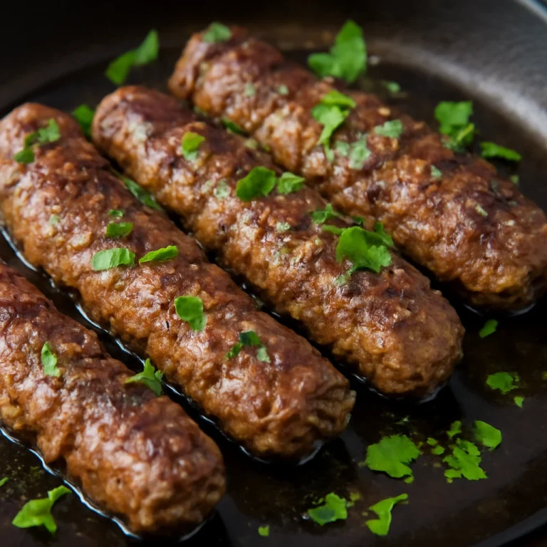 Mititei bárányhússal, egy serpenyőben sült szaftos hús kolbász formában, friss petrezselyem díszítéssel