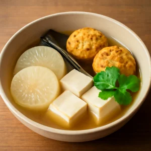 Japán étel tofu golyókkal, daikonnal és friss korianderrel díszítve