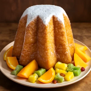 Friss pandoro trópusi gyümölcsökkel, lime sziruppal és menta levelekkel