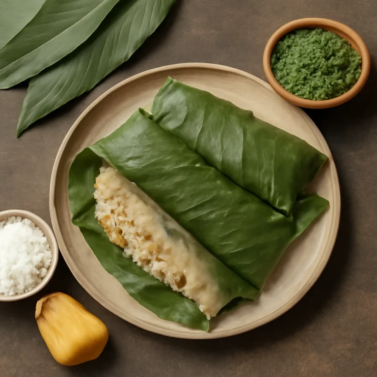 Patholi jackfruittal, gőzölve, tálalva friss chutney-val