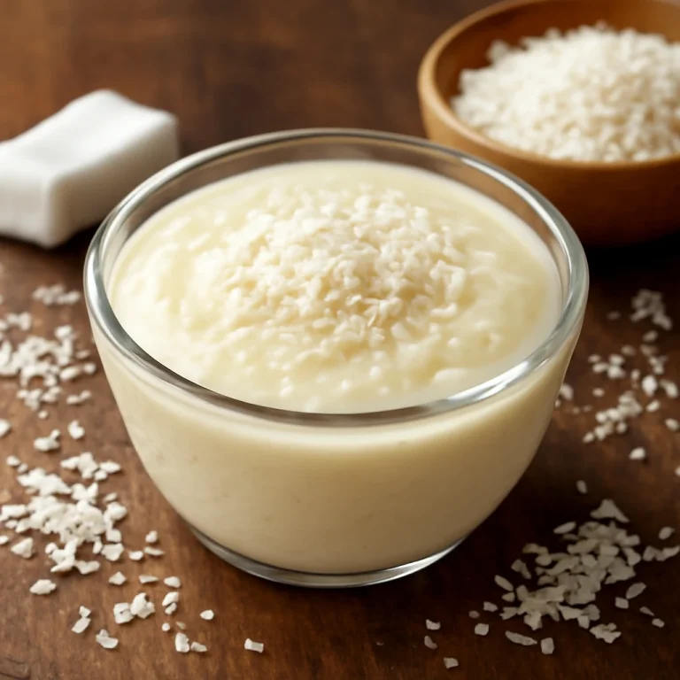 Phirni kókusszal, krémes indiai puding, tetején kókuszreszelékkel