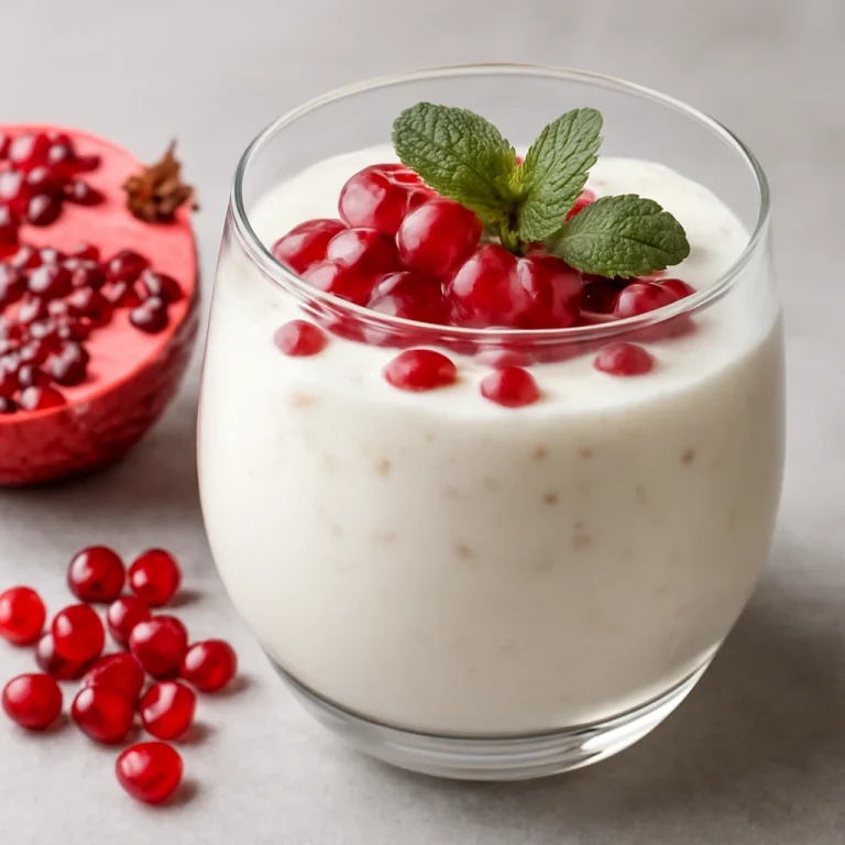 Probiotikus gránátalmás kefir tálalva friss mentalevelekkel