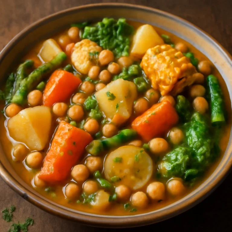 Puchero vegano tálalva, friss petrezselyemmel díszítve