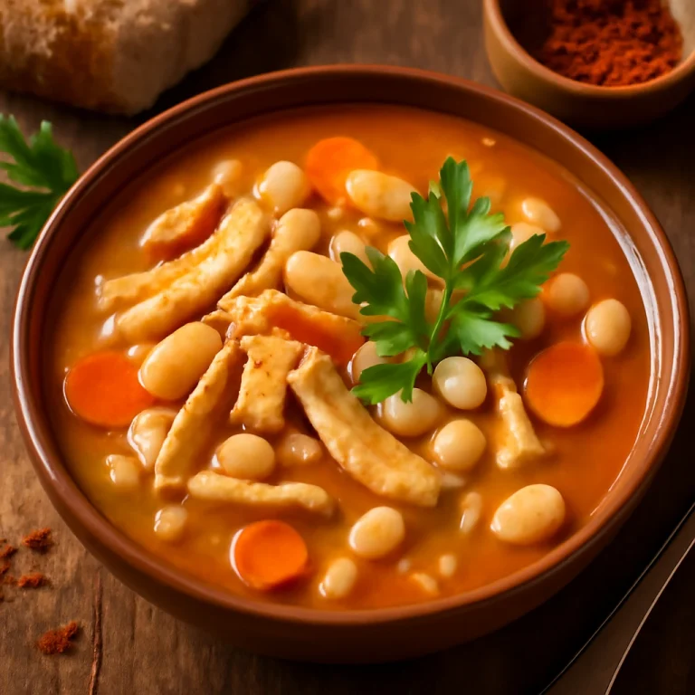 Soto Babat (pacalleves) tálalva, pacallal és fehérbabbal