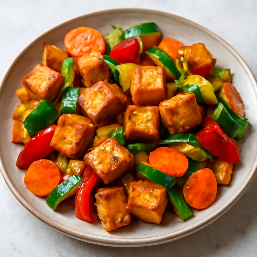 Finom sült tofu zöldségekkel és szójaszósszal