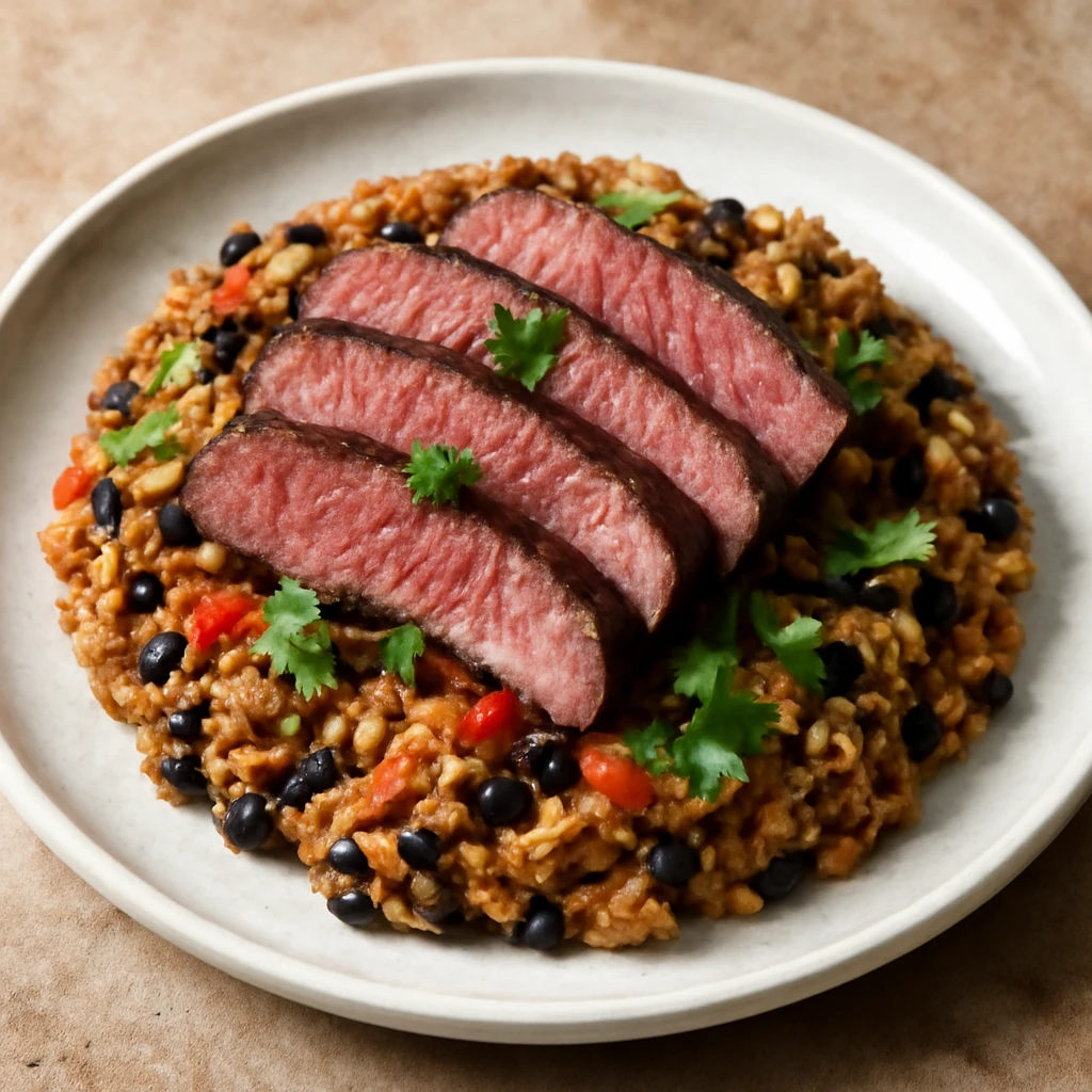 Perui tacu-tacu steak-kel, friss korianderrel tálalva