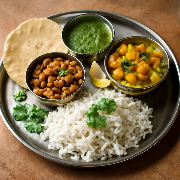 Thali étkezés különböző étellel, mint basmati rizs, csicseriborsó curry, zöldségek, papad és menta chutney
