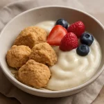 Warabi mochi tofupudinggal és friss bogyós gyümölcsökkel tálalva