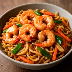 Japán yakisoba tészta garnélával és friss zöldségekkel