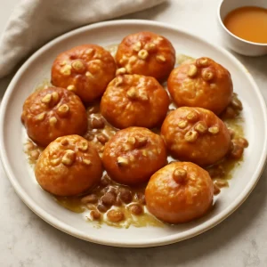 Zeppole sütemények mézzel és diós díszítéssel