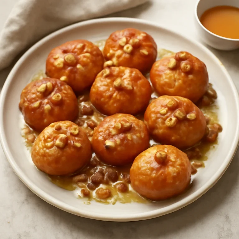 Zeppole mézzel és dióval, aranybarna sütemények mézzel tálalva